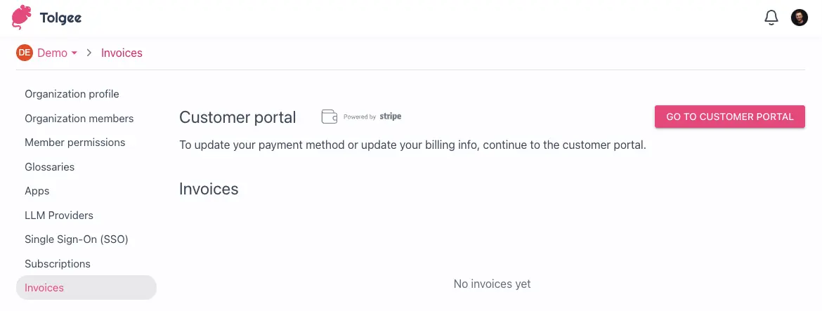 Screenshot from the Invoices with the view of invoices and Customer Portal button